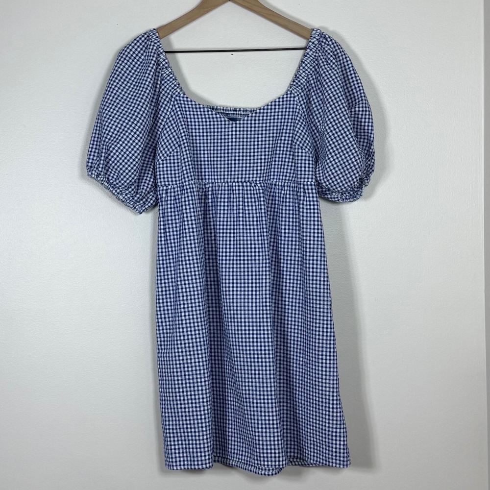 Old Navy Womens Puff Sleeve Mini Dress XS Blue White Gingham Smocked Back Picnic